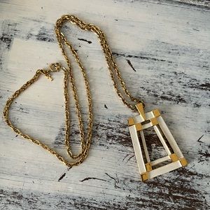 Crown Trifari Necklace with MCM Pendant Gold Tone White Enamel Geometric Vtg EVC